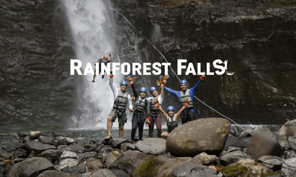 Group of adventurers hiking towards Rainforest Falls, ready for an exciting day of outdoor activities