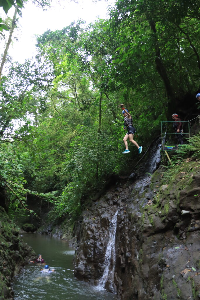 Guest jumping from a jungle platform into a natural pool during the Rainforest Falls adventure in Arenal, Costa Rica.